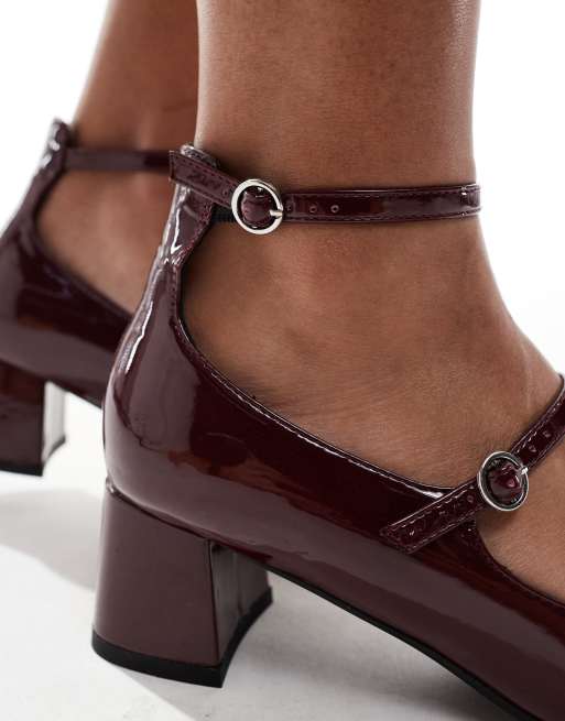 New Look high ankle heeled mary janes in burgundy, 2 of 4