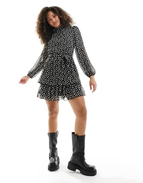 New Look high neck chiffon belted mini dress in black spot print - view 1