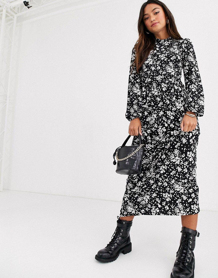 New Look high neck dress in dark base ditsy floral-Black