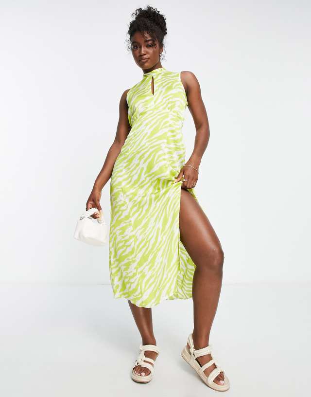 New Look high neck keyhole midi dress with side split in lime zebra print