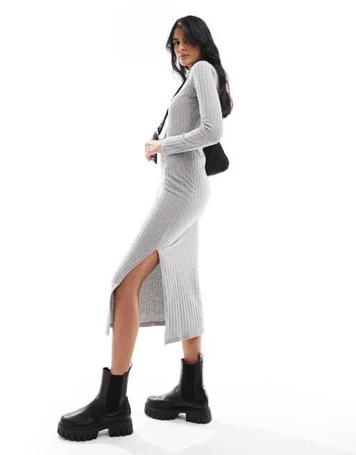 New Look high neck long sleeve midi dress in grey