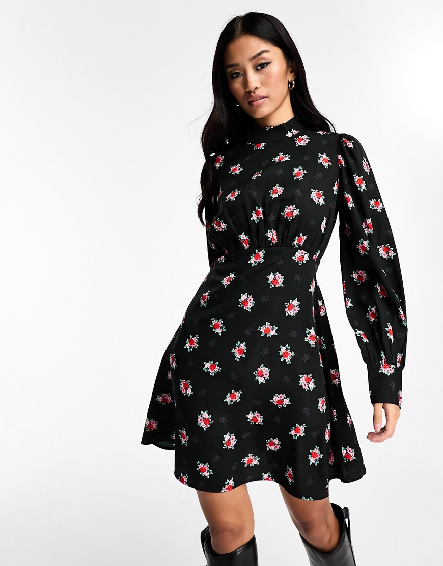 New Look high neck long sleeve mini dress in ditsy floral print-Black