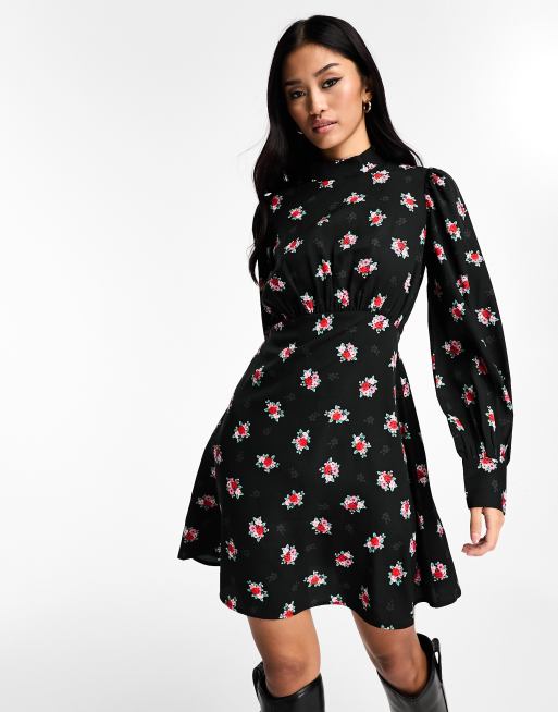 New Look high neck long sleeve mini dress in ditsy floral print | ASOS