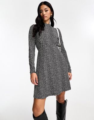 New Look high neck long sleeve mini dress in polka dot