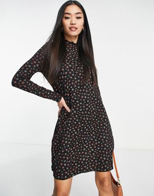 New Look high neck mini dress in black ditsy floral