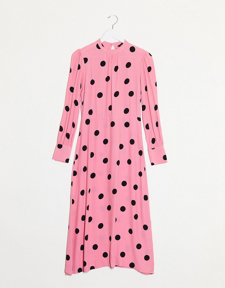 New Look high neck polka dot midi dress in pink