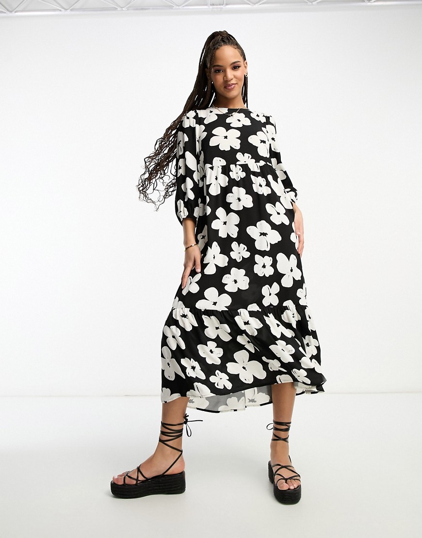 New Look High Neck Puff Sleeve Smock Midi Dress In Black Floral