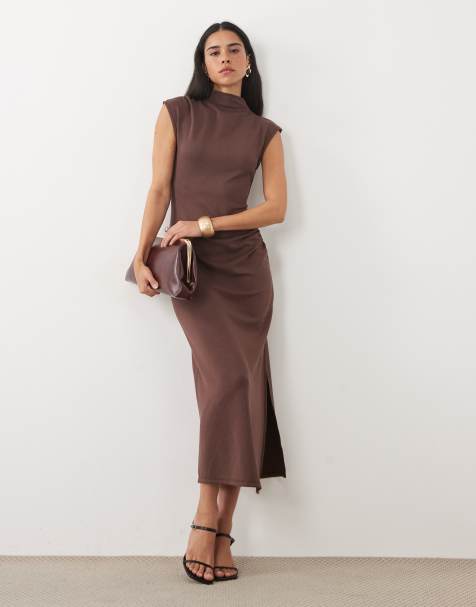New Look high neck ruched sleeveless midi dress in brown - view 1