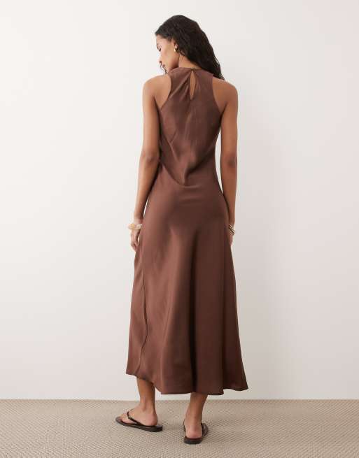New Look high neck satin maxi dress in brown, 2 of 4