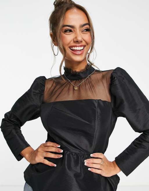 New Look high neck sheer peplum top in black | ASOS