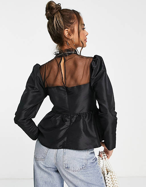 Women Shirts & Blouses/New Look high neck sheer peplum top in black 
