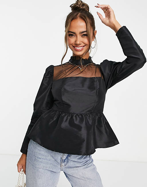 Women Shirts & Blouses/New Look high neck sheer peplum top in black 