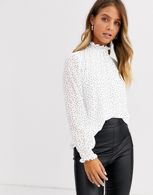 New Look high neck shirred top in white polka dot