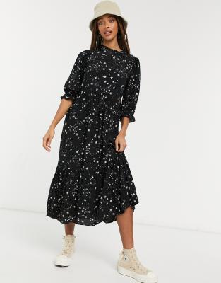 New Look high neck volume sleeve midi dress in star print - ASOS Price Checker