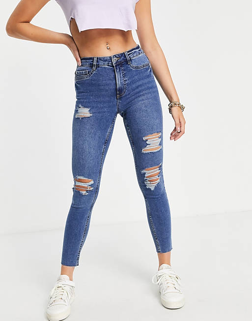 New Look high waist ripped jeans in blue | ASOS
