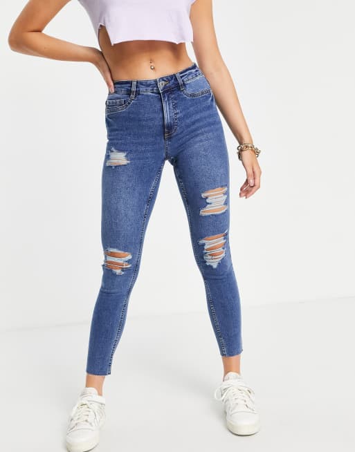 High waist ripped raw edge women's jeans long print best sale