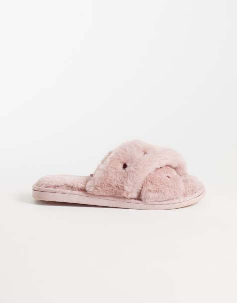 New Look hjemmesko i pink med hjerter og krydsdetalje i imiteret pels - view 1