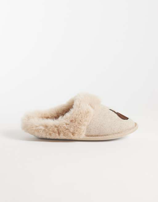 New Look hjemmesko med imiteret pelskant og gravhundemotiv i camel, 2 af 5