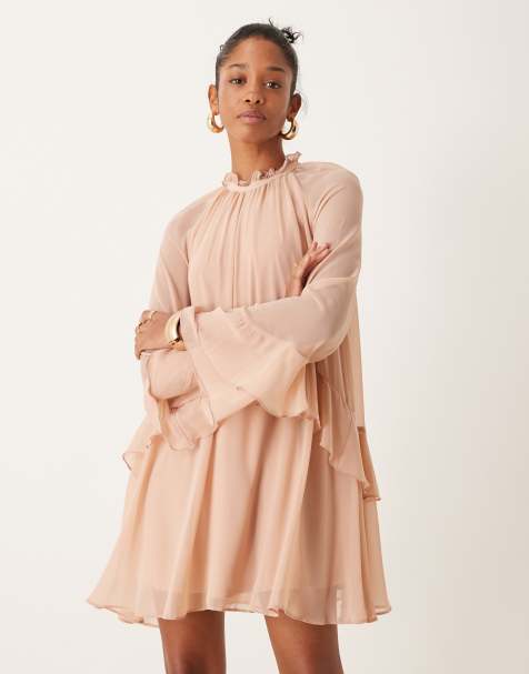 New Look – Hochgeschlossenes Minikleid in Blassrosa mit Rüschen - view 1