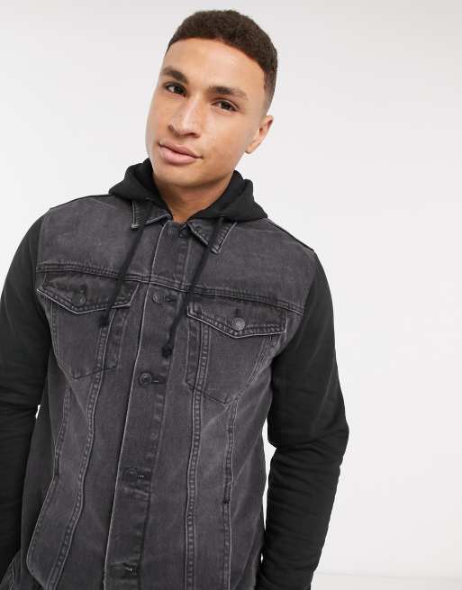 Denim jacket with store black sleeves and hood