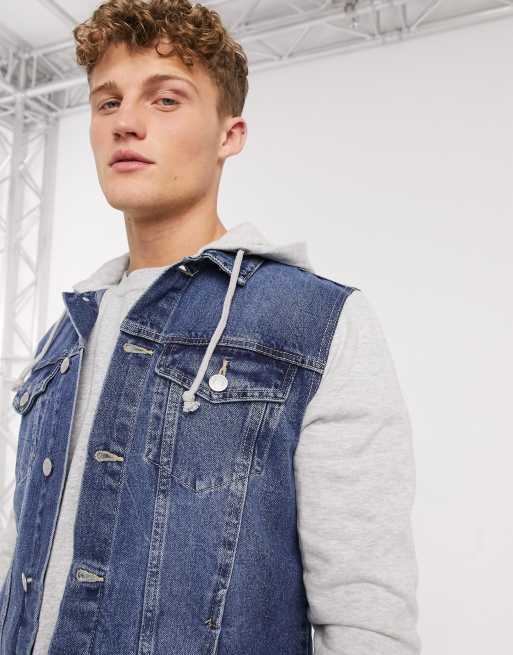 Blue Denim Jersey Sleeve Hooded Jacket