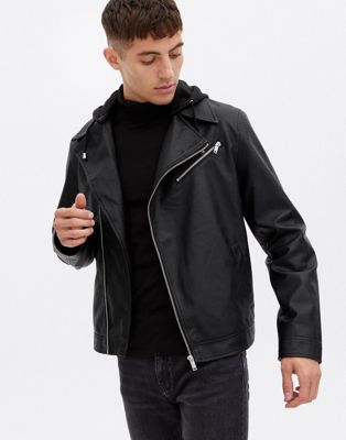 New Look hooded faux leather biker jacket in black - ASOS Price Checker