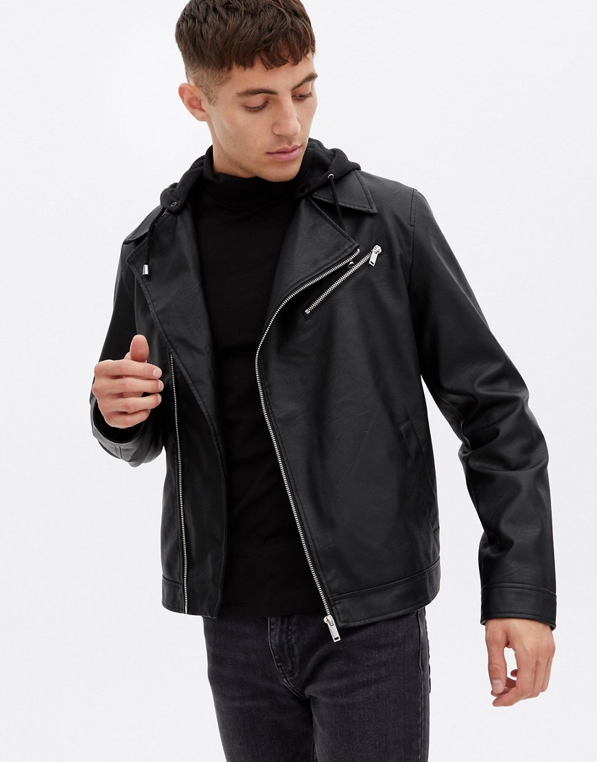 New Look Hooded Faux Leather Biker Jacket In Black