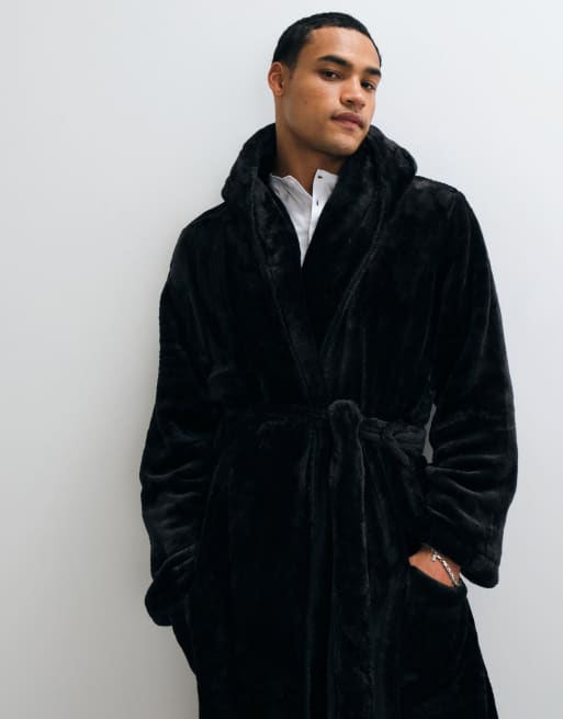 New Look hooded fleece robe in black , 4 of 5