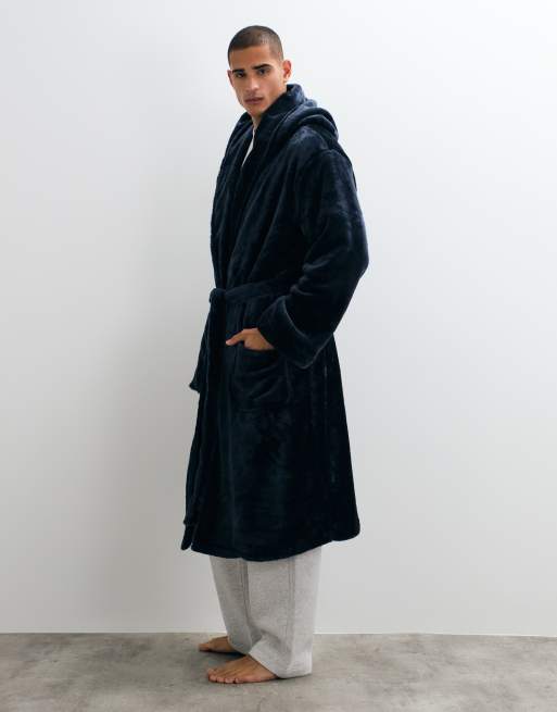 New Look hooded fleece robe in navy, 3 of 5