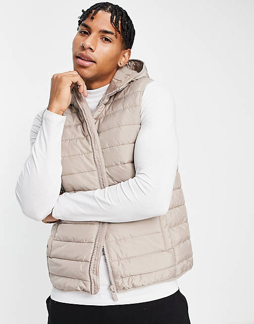 New Look hooded puffer gilet in stone