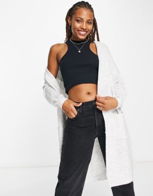 Long Gray Knit Dual Pocket Hooded Cardigan