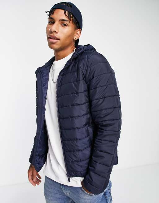 New Look hooded puffer in navy | ASOS