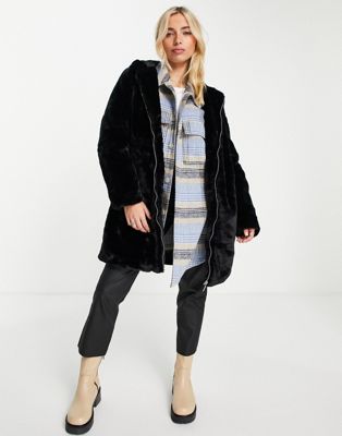 New Look hooded zip up fur coat in black