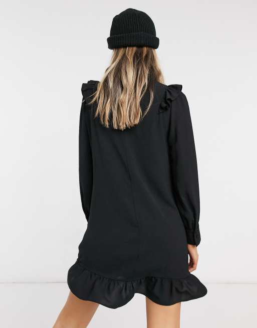 New Look - Hoogsluitende aangerimpelde mini jurk met ruches langs borstpand in zwart, 2 van 4
