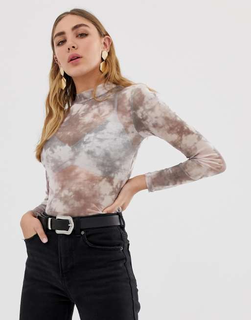 New Look - Hoogsluitende top van mesh met tie-dye-patroon in grijs