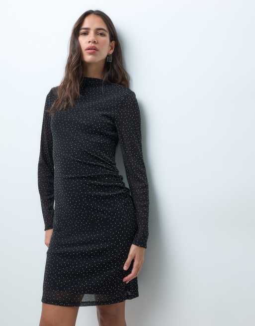 New Look hotfix glitter ruche side mini dress in black, 3 of 4