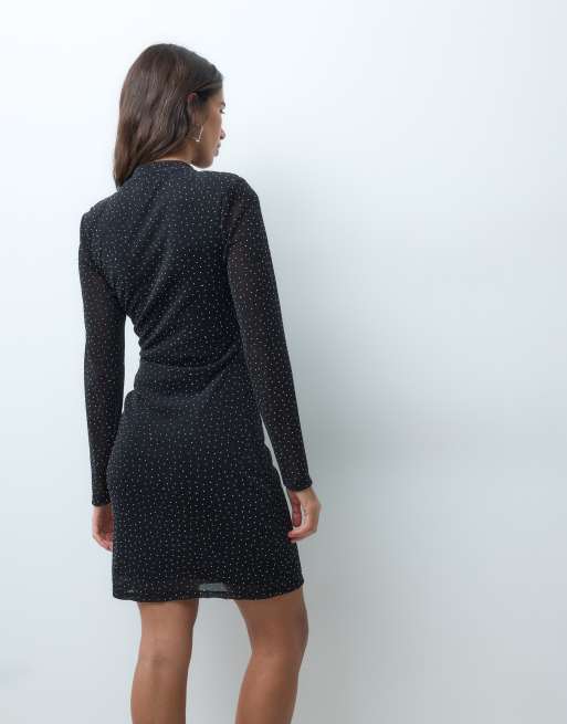 New Look hotfix glitter ruche side mini dress in black, 4 of 4