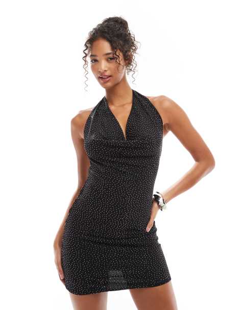 New Look hotfix halter mini dress in black - view 1