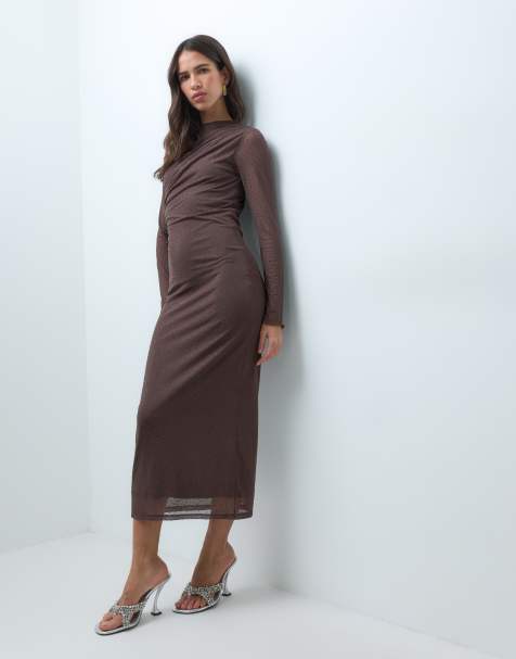 New Look hotfix mesh drape midi dress in dark brown - view 1