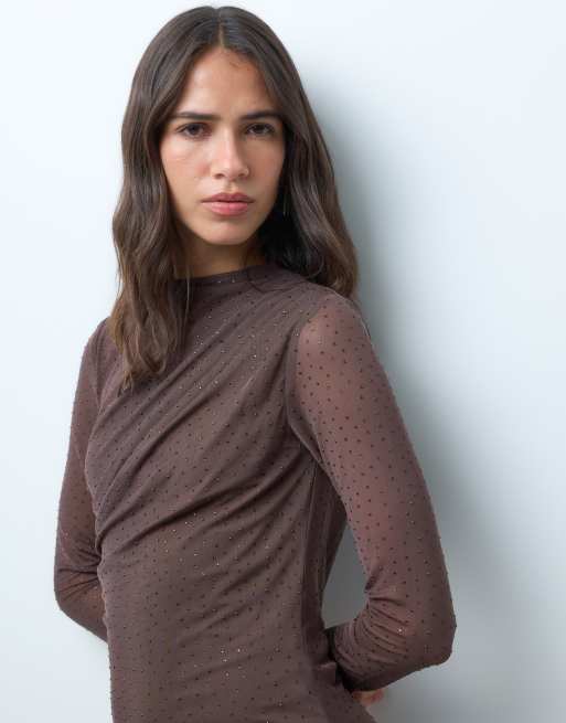 New Look hotfix mesh drape midi dress in dark brown, 3 of 4