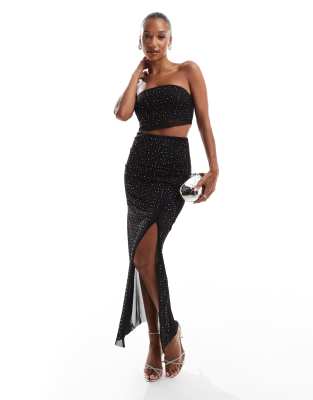 New Look hotfix mesh side split skirt in black - view 1