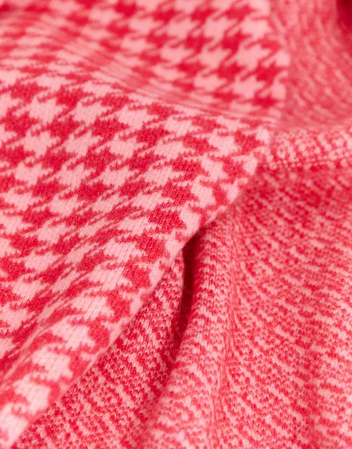 Pink Houndstooth Scarf With Faux Fur Pom Pom - Want That Trend