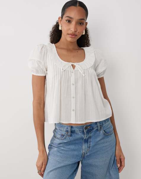 New Look - Hvid bluse med bindebånd foran i dobby - view 1