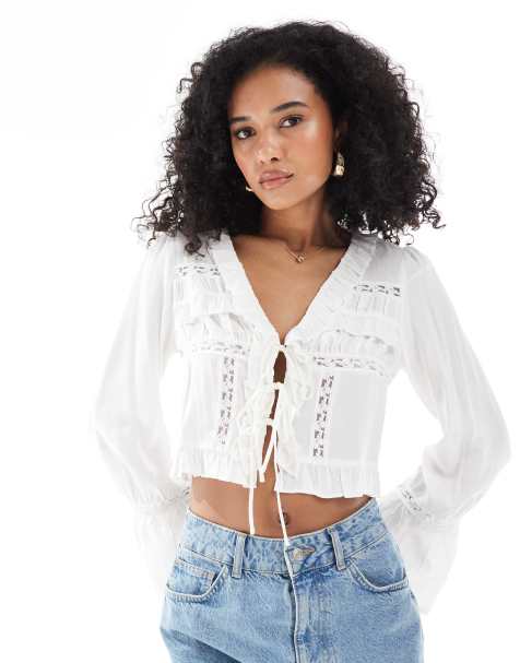 New Look - Hvid cropped bluse med bindebånd - view 1