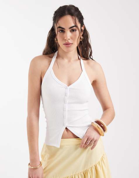 New Look - Hvid top med halterneck og gennemgående knapper - view 1