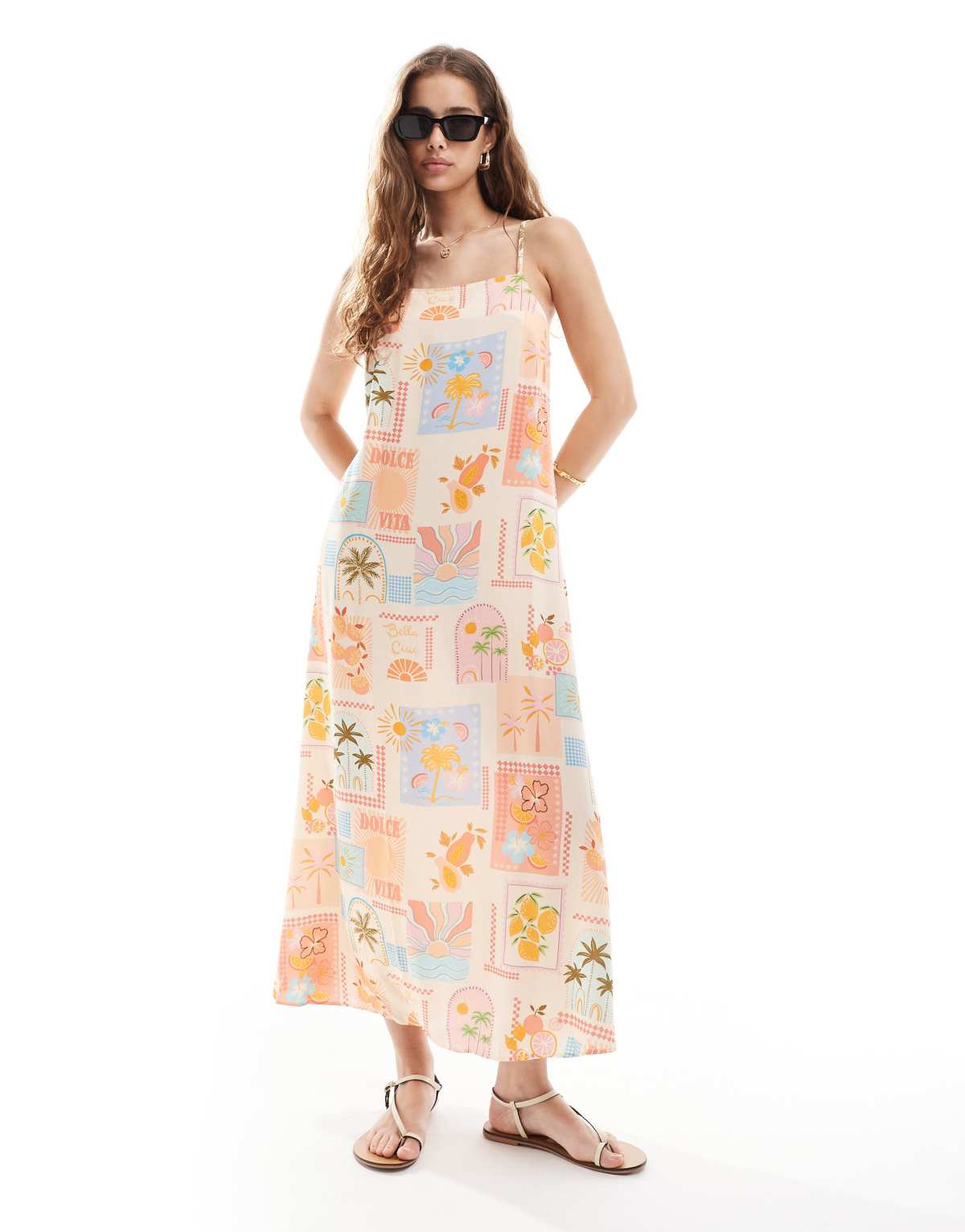 New Look Italy printed shift midi dress in cream