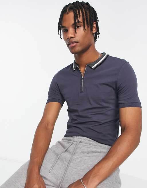 New Look jacquard collar polo shirt in dark gray | ASOS