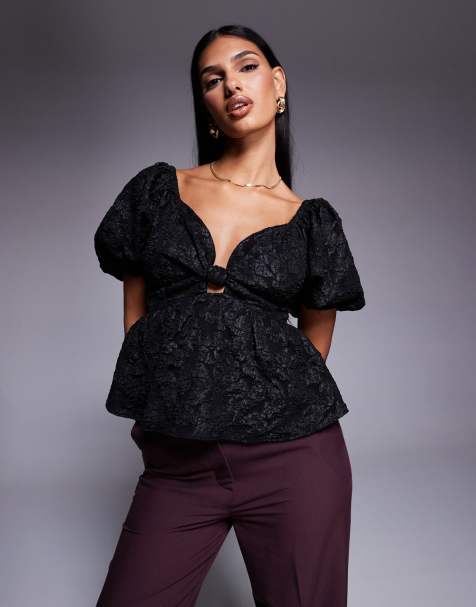 New Look jacquard puff sleeve top in black