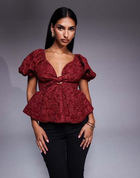 New Look jacquard puff sleeve top in burgundy