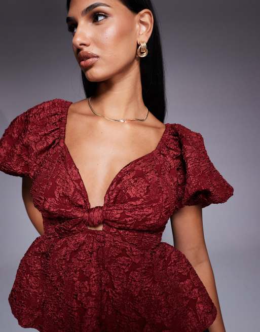 New Look jacquard puff sleeve top in burgundy, 2 of 4